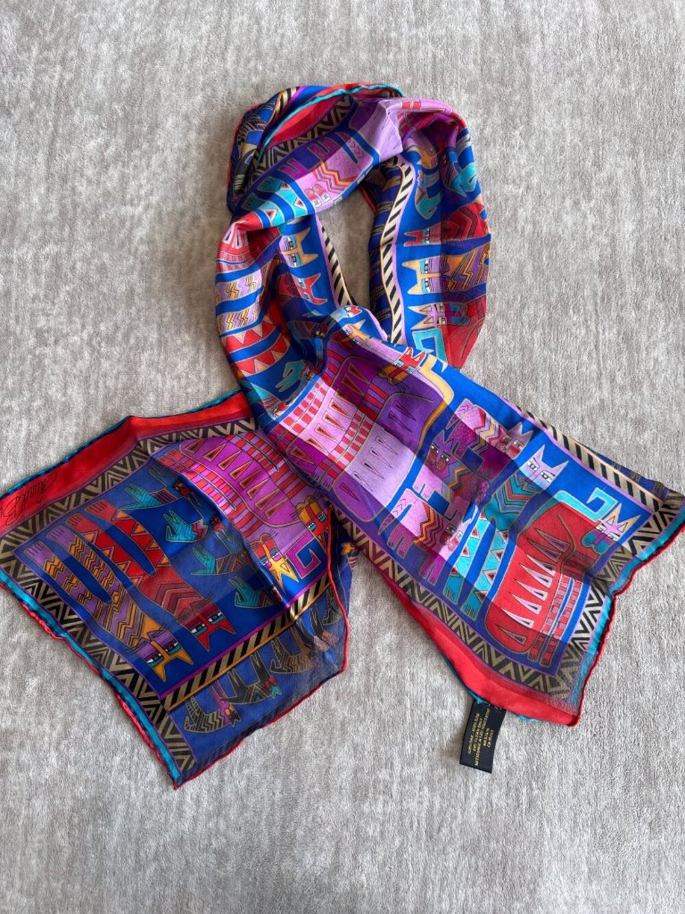 Vibrant Laurel Burch Rectangle Cat Print 100% Silk Scarf Spring Summer Fall